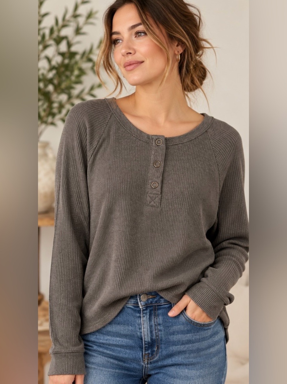 Anthropologie Chaser ribbed Tan Taupe Henley Button